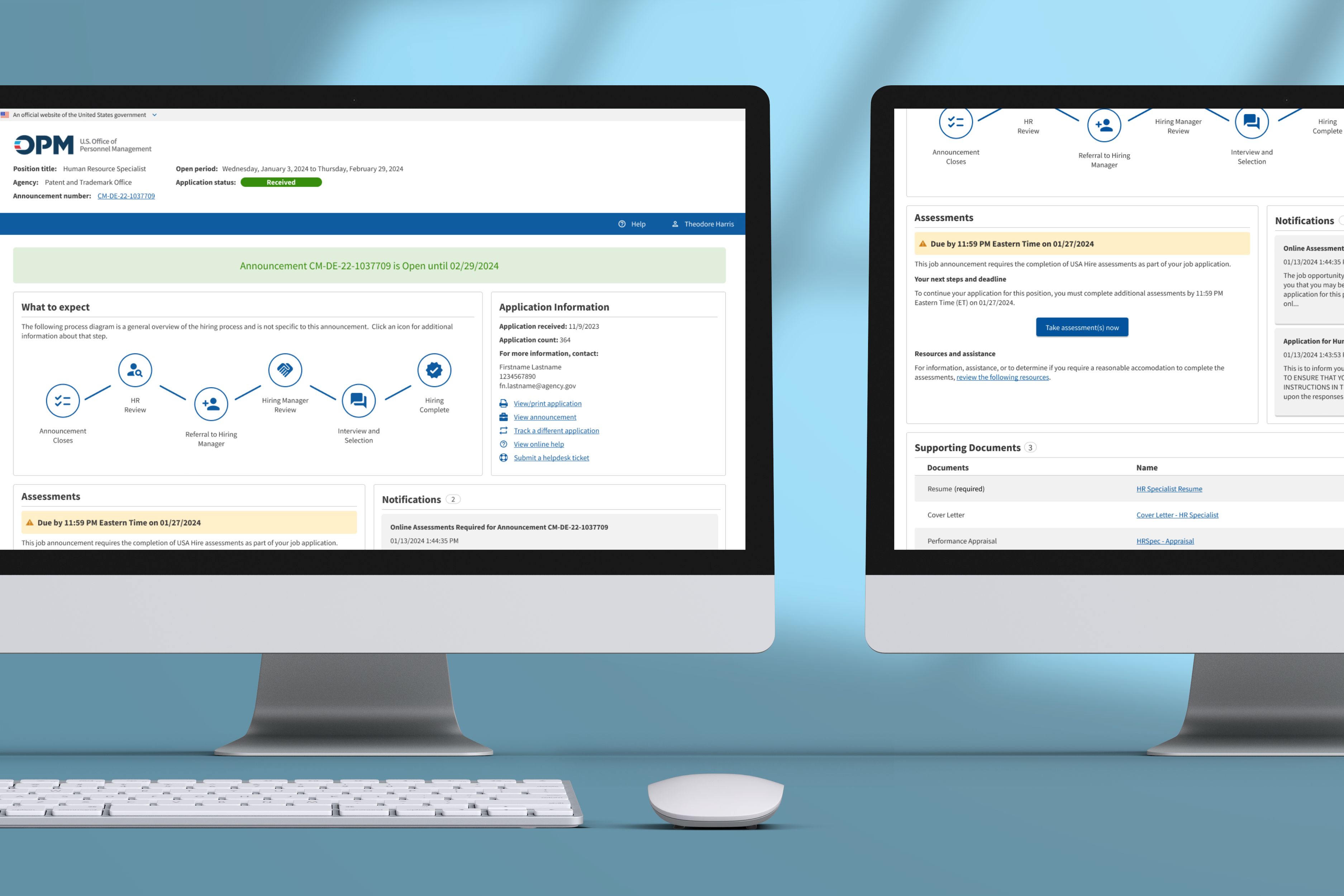 A mockup photo showing the USAJOBS Applicant Status Page on two desktop computers against a blue background.  The first computer shows the top of the page including the What to Expect and Application Information sections.  The second computer shows the page scrolled down to show the Assessments, Notifications, and Supporting Documents sections.